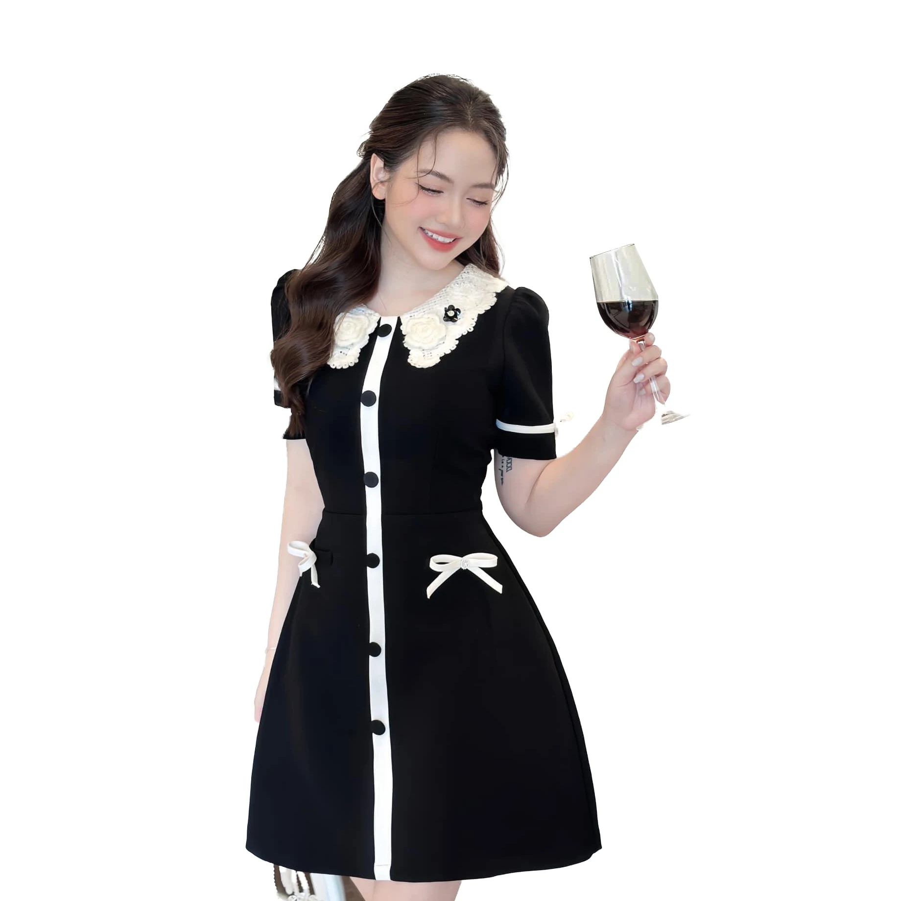 Vietnamese Elegance Quinn Top Stitched Welt Dress with Collar Lace and Bow Tie High-Quality Classic Luxury Fashion Design