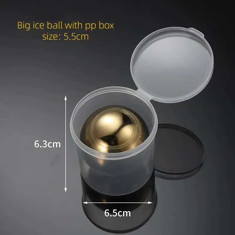 Wholesale 55mm Whisky Reusable Ice Cubes Stone With Pp Box Frozen Ice Cube For Bar Stainless Steel Gold Ice Ball