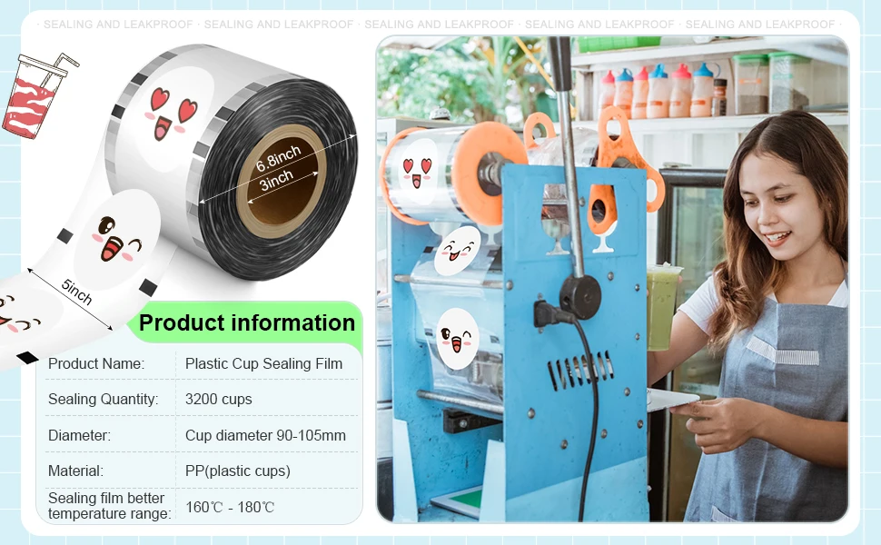 Cups Sealer Film for PP Plastic Paper Cups Sealing Machine for Boba, Water, Cold Coffee, Juice, Soda,Customized