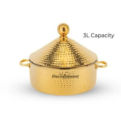 High Quality Gold Hammered Steel Casserole With Lid Modern Handmade Customized Metal Hotpot Food Server For Kitchens From India