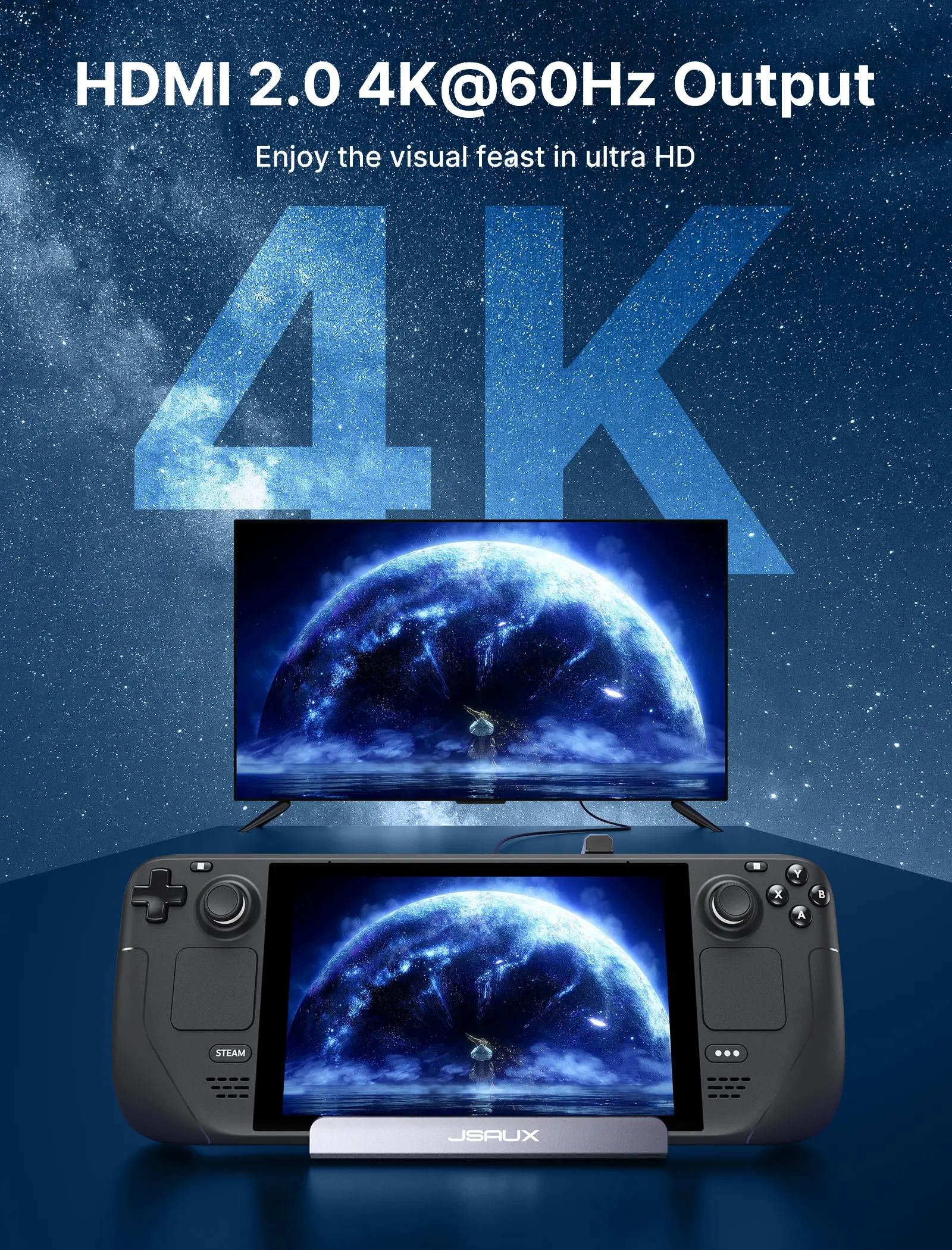 JSAUX 6 in 1 Steam Deck Docking Station USB 3.0 RJ45 1000M 100W Charging  4K 60Hz Docking Station for Steam Deck