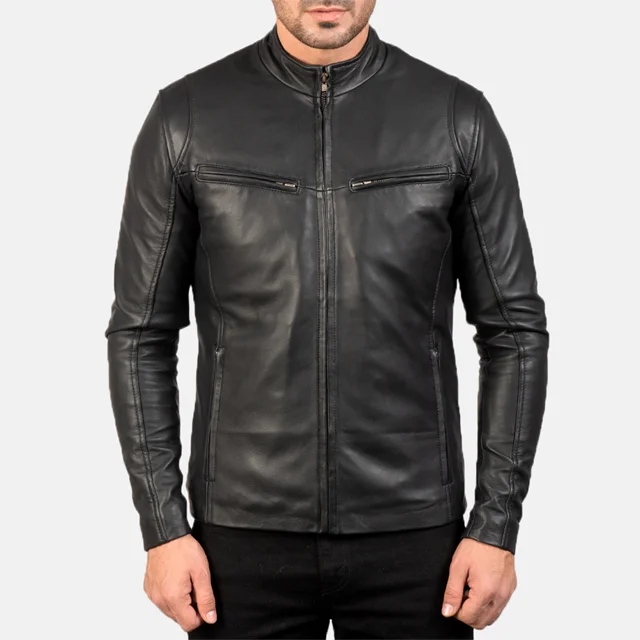 Real Leather Sheepskin Aniline Zipper Gatsby Black Men Biker Jacket with Quilted Black Lining and Inside Outside Pockets