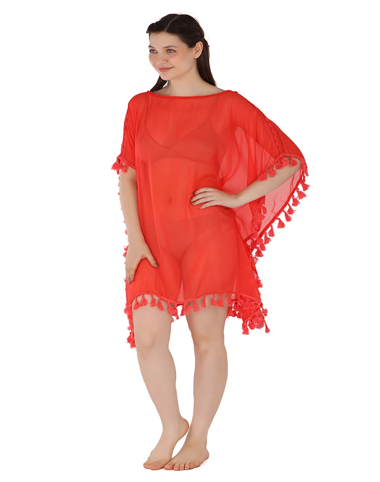 2022 Custom Trendy Ladies tassel lace pattern Summer Women Sexy poppy color Cover Up  Beachwear & Swimwear for women