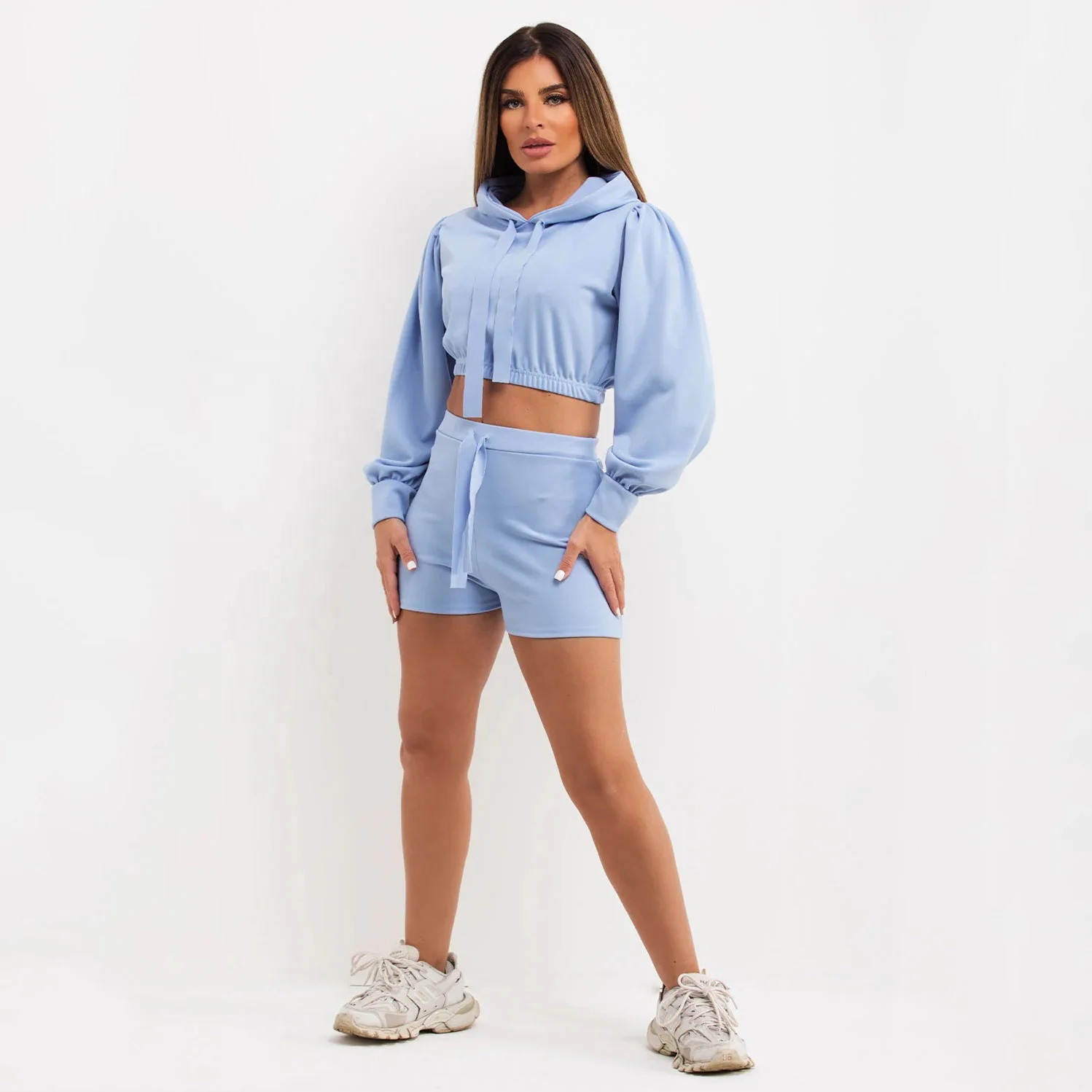 Baby Blue Crop Hoodie And Shorts Set Fashionable Crop Top Hoodies Women Two Piece Set Slim Fit Women Crop Hoodies And Shorts
