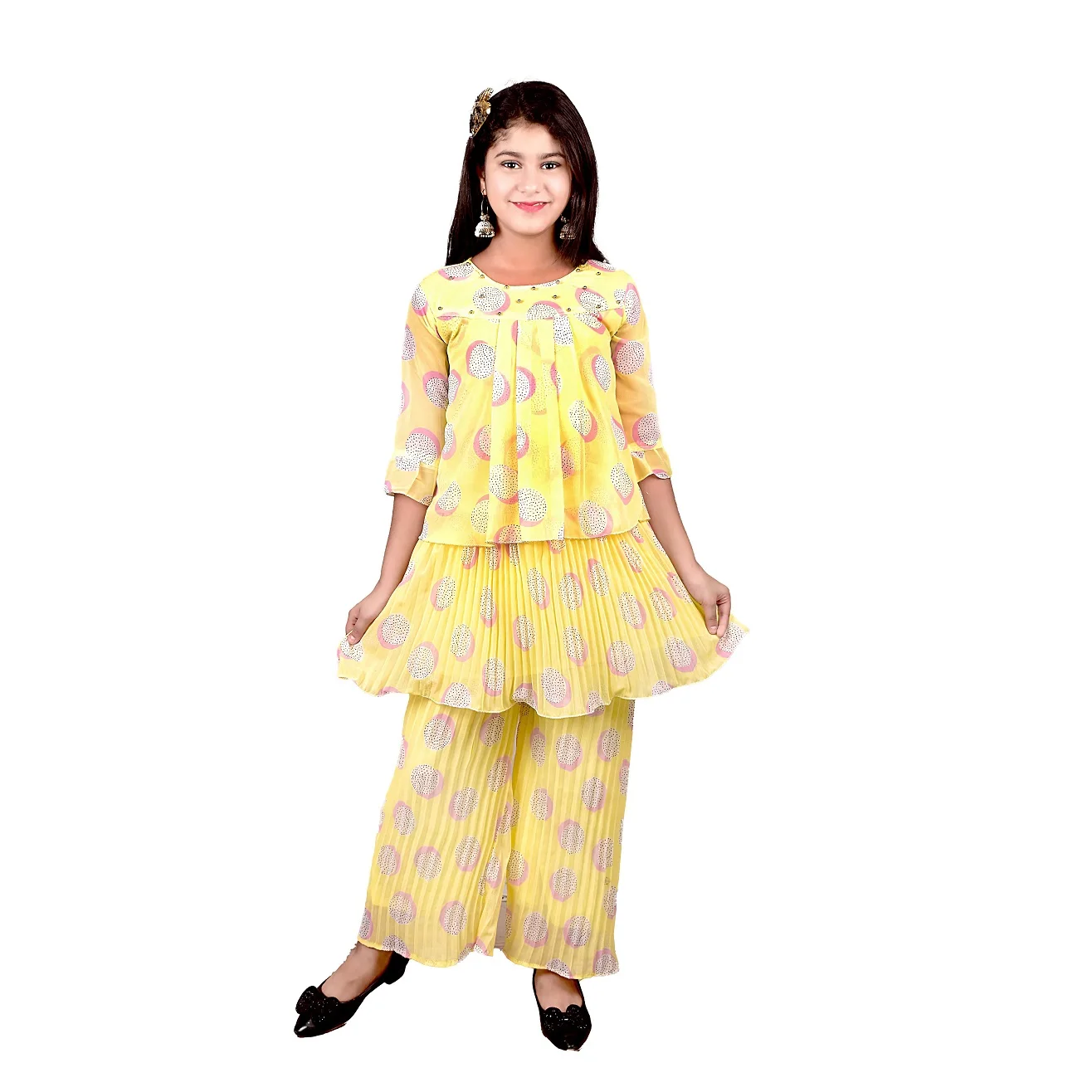 High on Demand New Design Indian Exporter Girls Clothing Cotton and Chiffon Kurti Plazzo Set for Festive Wear