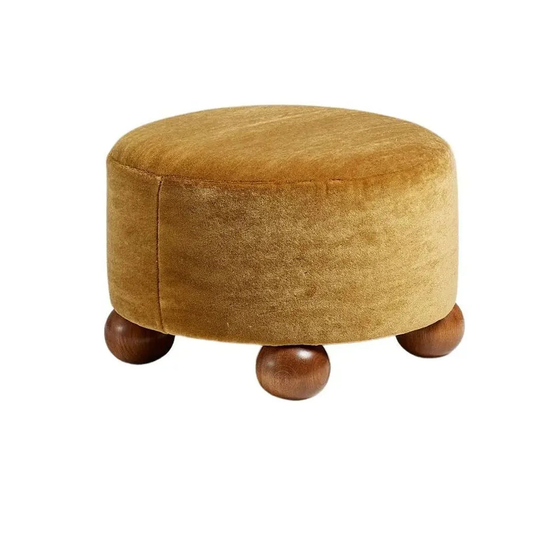 Round Ottoman Solid Teak Wood Legs With Upholstery Velvet Furniture