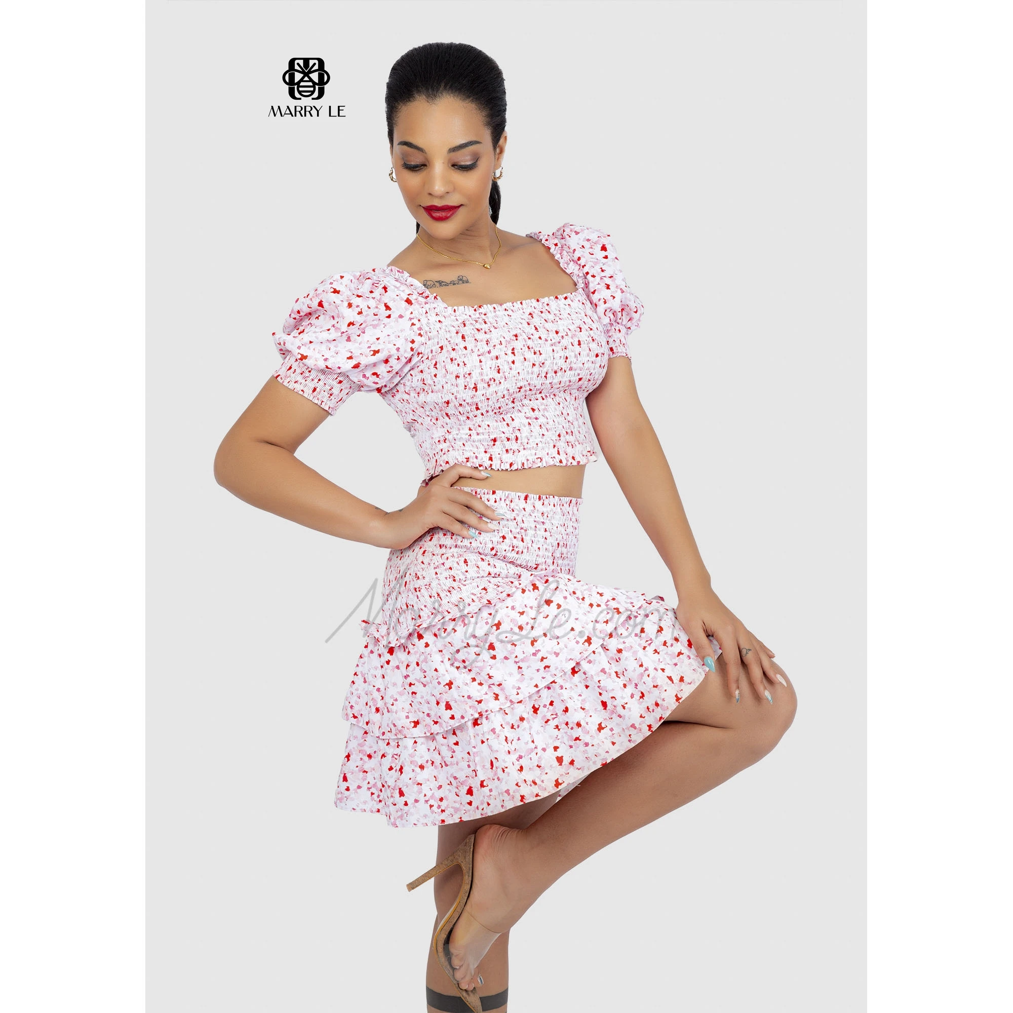 WOMEN CASUAL TIERED SMOCKED PINK TOP AND SKIRT SET - MD246 high quality top & skirt set true to size best price