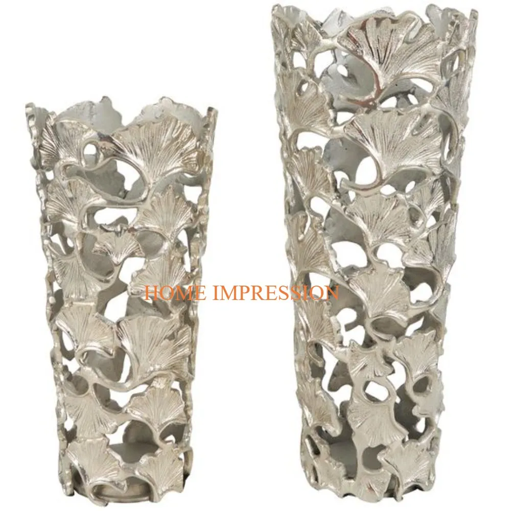 Set Of 2 Leaf Designing Silver Ware Aluminum Flower Vases and Pots Superior Quality Metal Handmade Fancy Flower Vases For Indoor