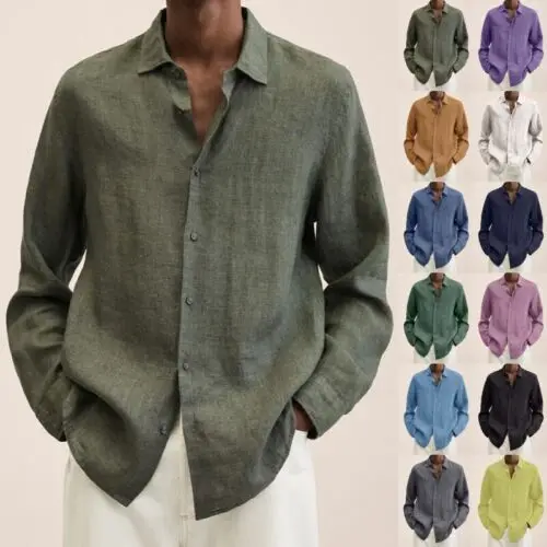 New Fashion Summer Casual White Long Sleeve Cotton Linen Shirt For Men Shirts
