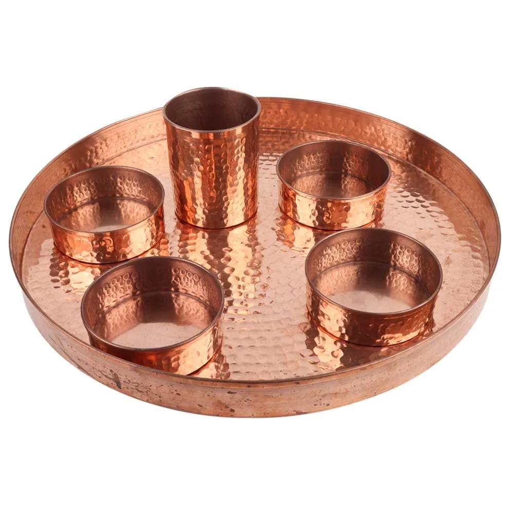 Hammered Round Pure Copper Thali Set Dinner Set Indian Stainless Steel Copper Traditional Dinner Set of 1 Thali Plate 5 Bowls