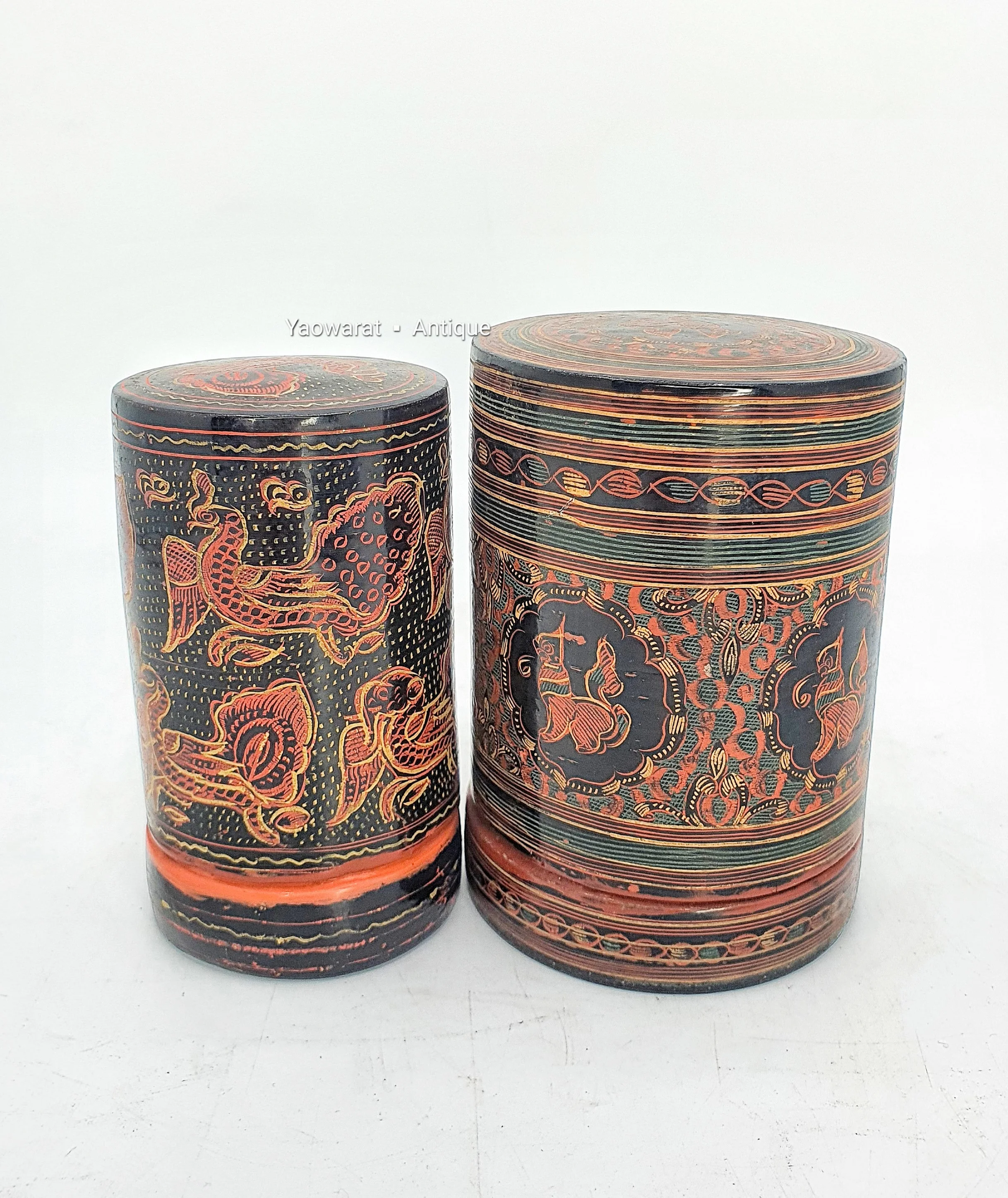 An Antique Group Of  Myanmar Lacquer Ware Cylindrical Shape Decorated With Animals For Collect And Decorated Home Decor