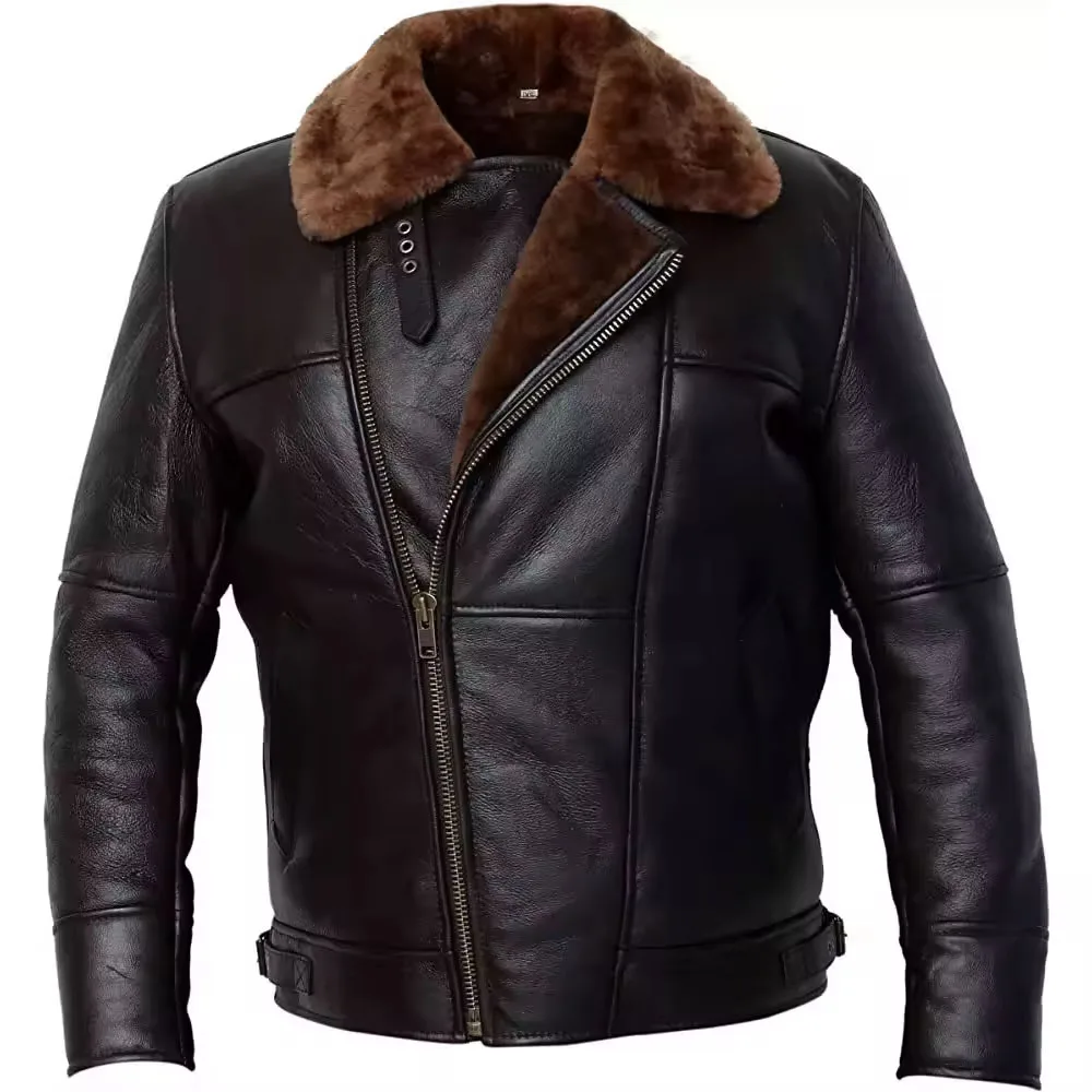 Classic 100% Genuine Sheepskin Leather Brown Plus Size Bomber Jacket For Men Winter With Warm Shearling Fur Bomber Jacket