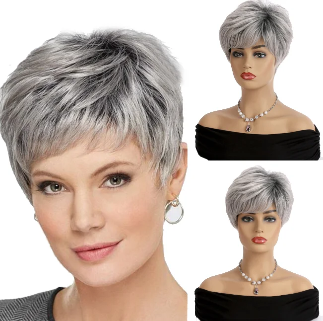 Fluffy Gray Short Layered Bob Haircut Wigs for Women Mixed Grey Elegant Synthetic Hair Straight Natural Bob Wig 57cm head circle