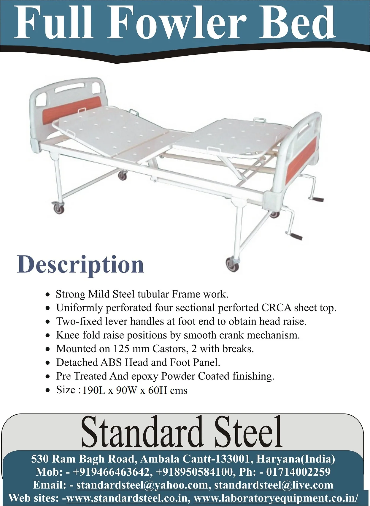 Hospital full Fowler bed double crank mechanical adjustable four section hospital bed Manufacturer