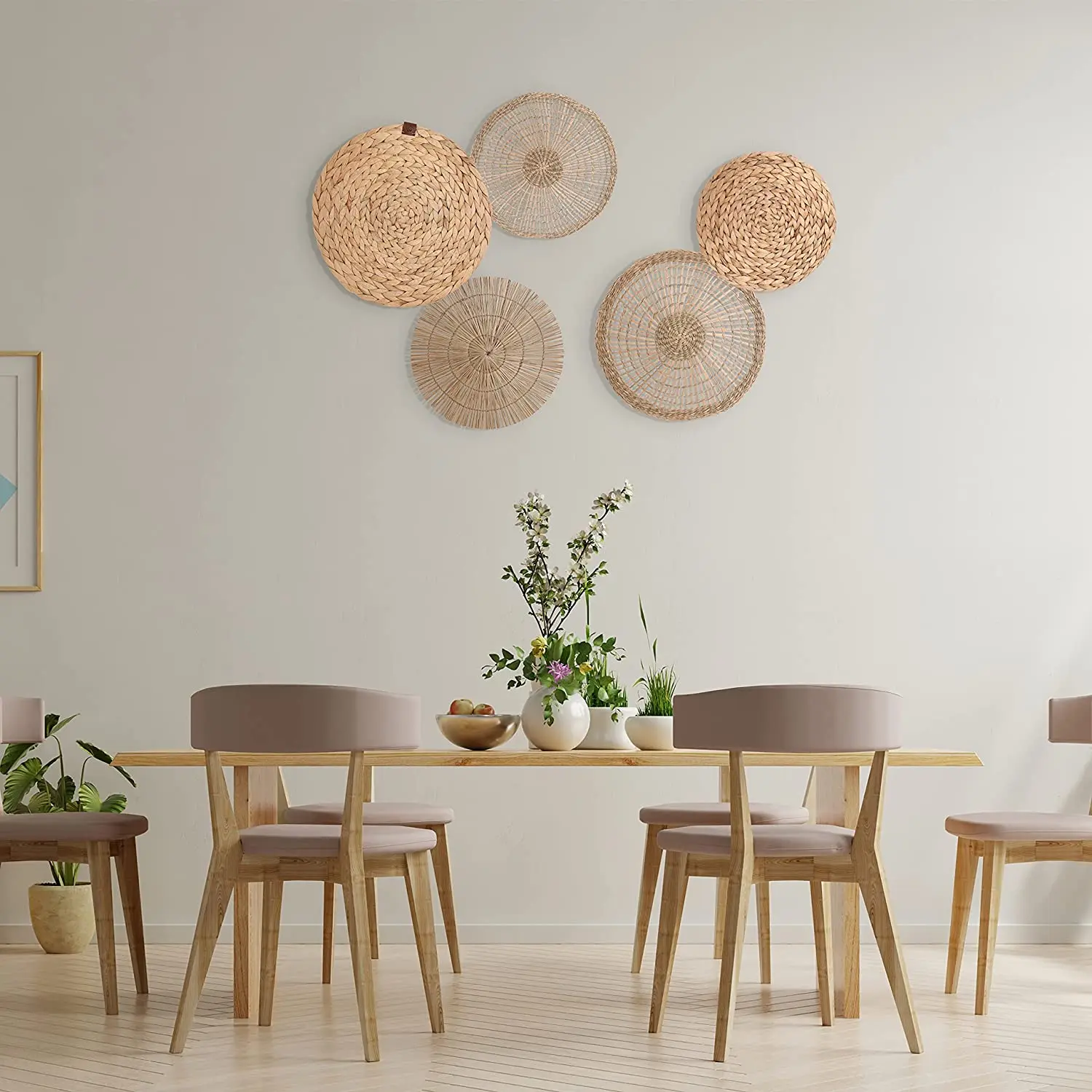 High-quality Naturral Rattan Set off 5 Weaving Plate Basket Wall Hanging Decor for Home.