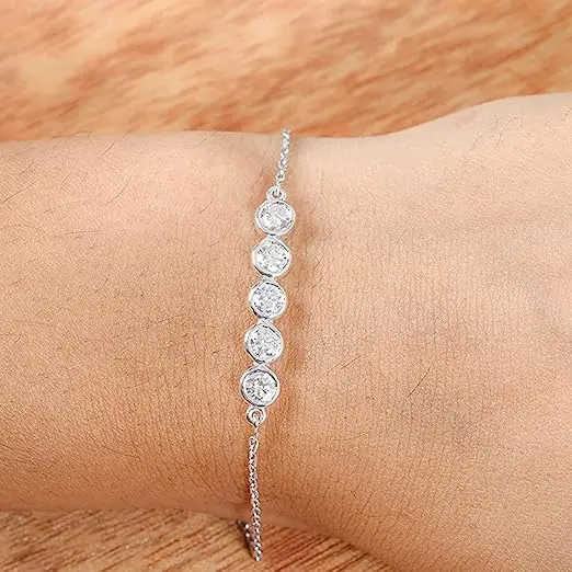 18K Gold Plated Round Moissanite Diamond Bracelet, 4.00MM Round Cut Bezel Set Bracelet For Her