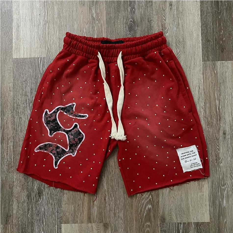 OEM Custom Logo rhinestone screen Print Drawstring Acid Wash Shorts 100% Cotton Sunfade Shorts For Men