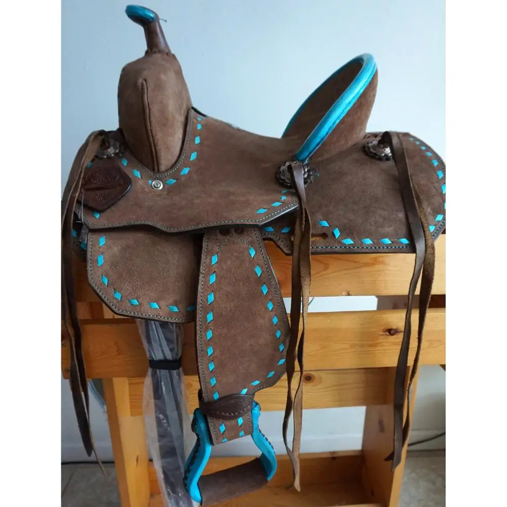 Beaded Embroidery Western Mini Pony Trail Barrel Saddle Turquoise Seat With Headstall Breastplate Set from India