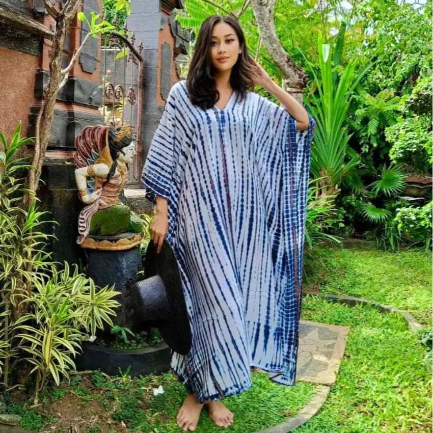 2025 Wholesale Tie Dye Kaftan for Women V Neckline Bohemian Long Cotton Apparel with Pattern Decorations for Beach Wear