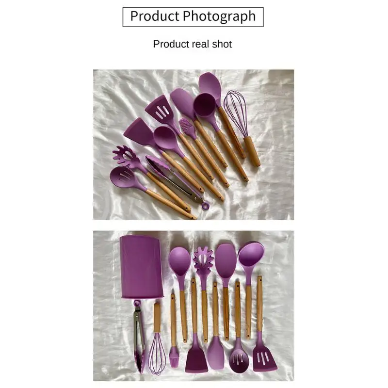 Kitchen Utensils Set Non-Stick Wooden Handle Silicone Cooking Tools Spatula Shovel Spoon Cookware Gadget for Kitchen Accessories