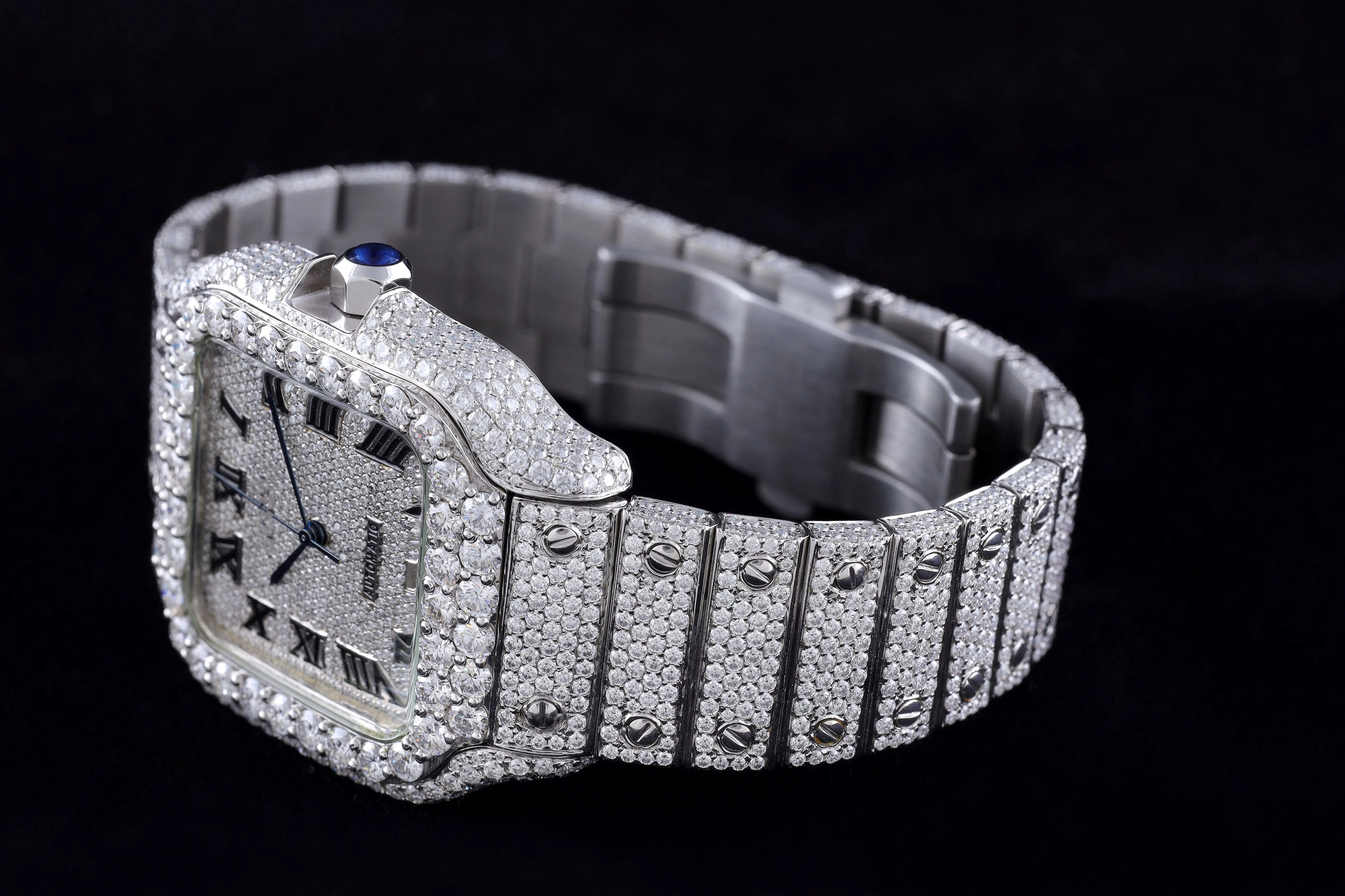 Stainless Steel Moissanite Studded Diamond Watch VVS Clarity Black Dial Analog Quartz Watches for Sale from India