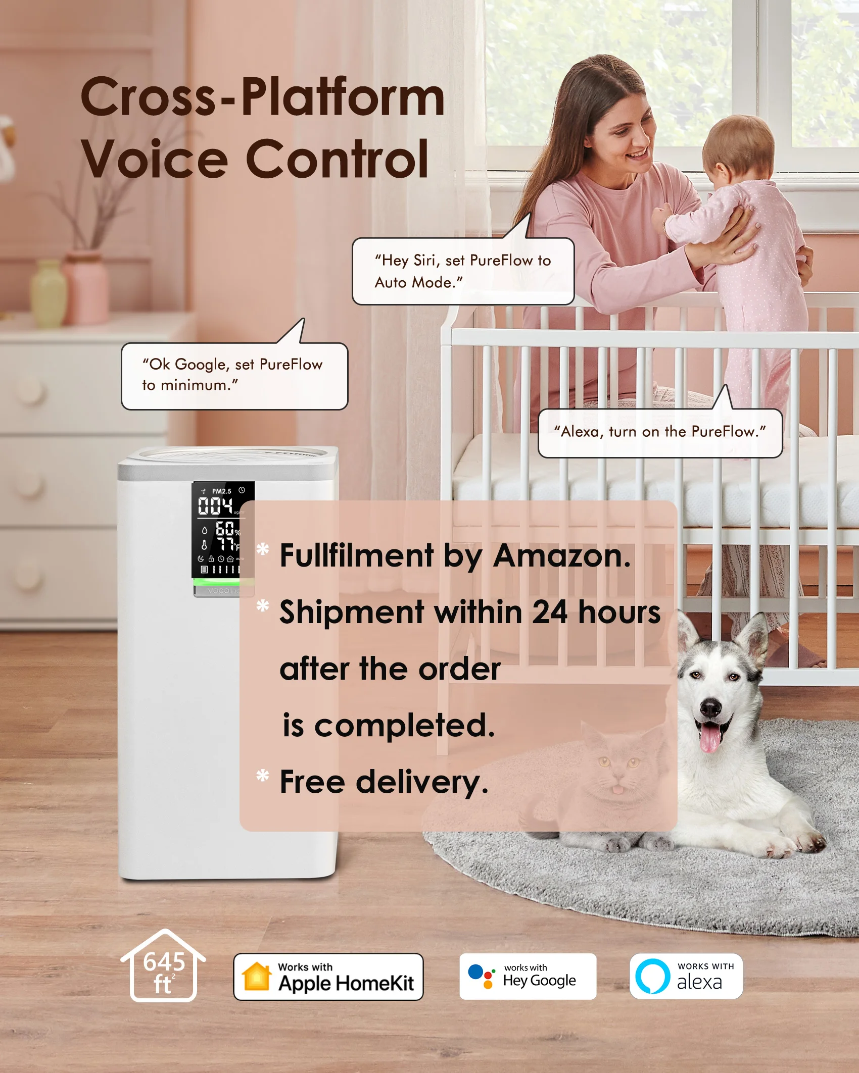VOCOlinc smart amazon alexa app control CADR 500 m3/h 5 level wind speed air filtration system prudcts machine for home use