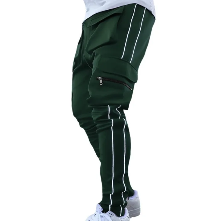 2024 Streetwear Reflective Stripe Cargo Men Stacked Joggers Sweatpants Pants With Pockets Top