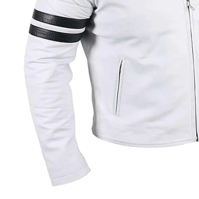 Motorcycle Gear Original Leather Jacket  Men White Biker Jacket with Black Striped Available In All Sizes