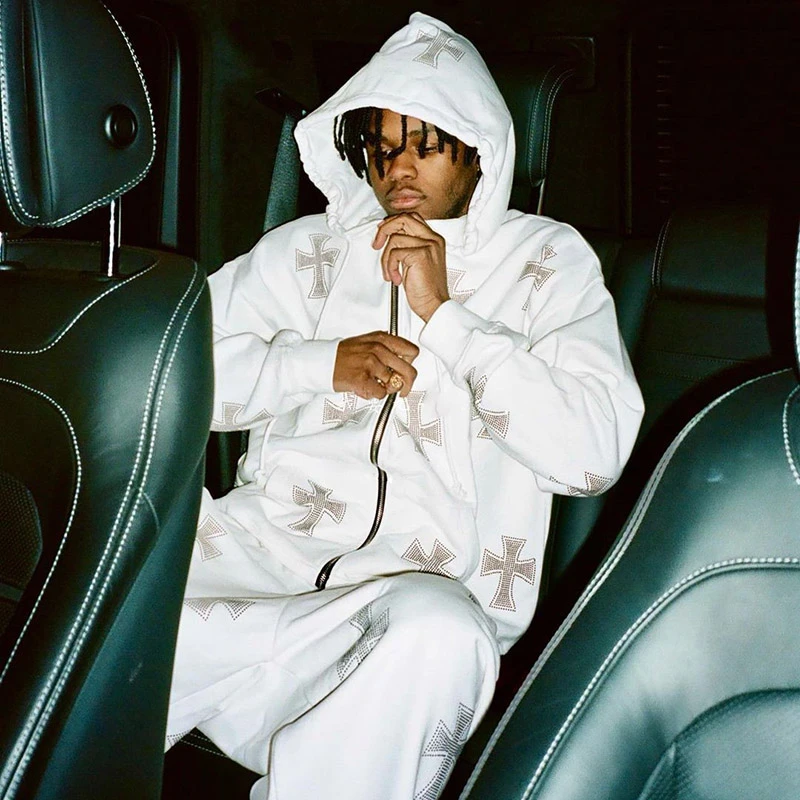 Wholesale Custom Bling Rhinestone Hoodie Design Skull Full Zip Up Custom Rhinestone Hoodies