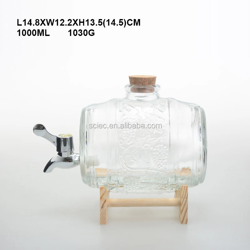 Custom 1L drum shape glass wine barrel beer barrel alcoholic beverage jar with faucet and wooden base