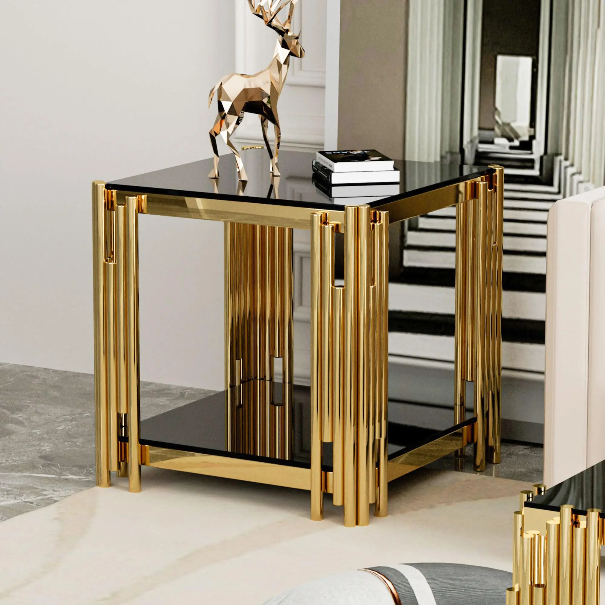 Luxury Modern Design Golden Simple Polished Tempered Tempered Glass Top Rectangular Coffee Table Coffee Table