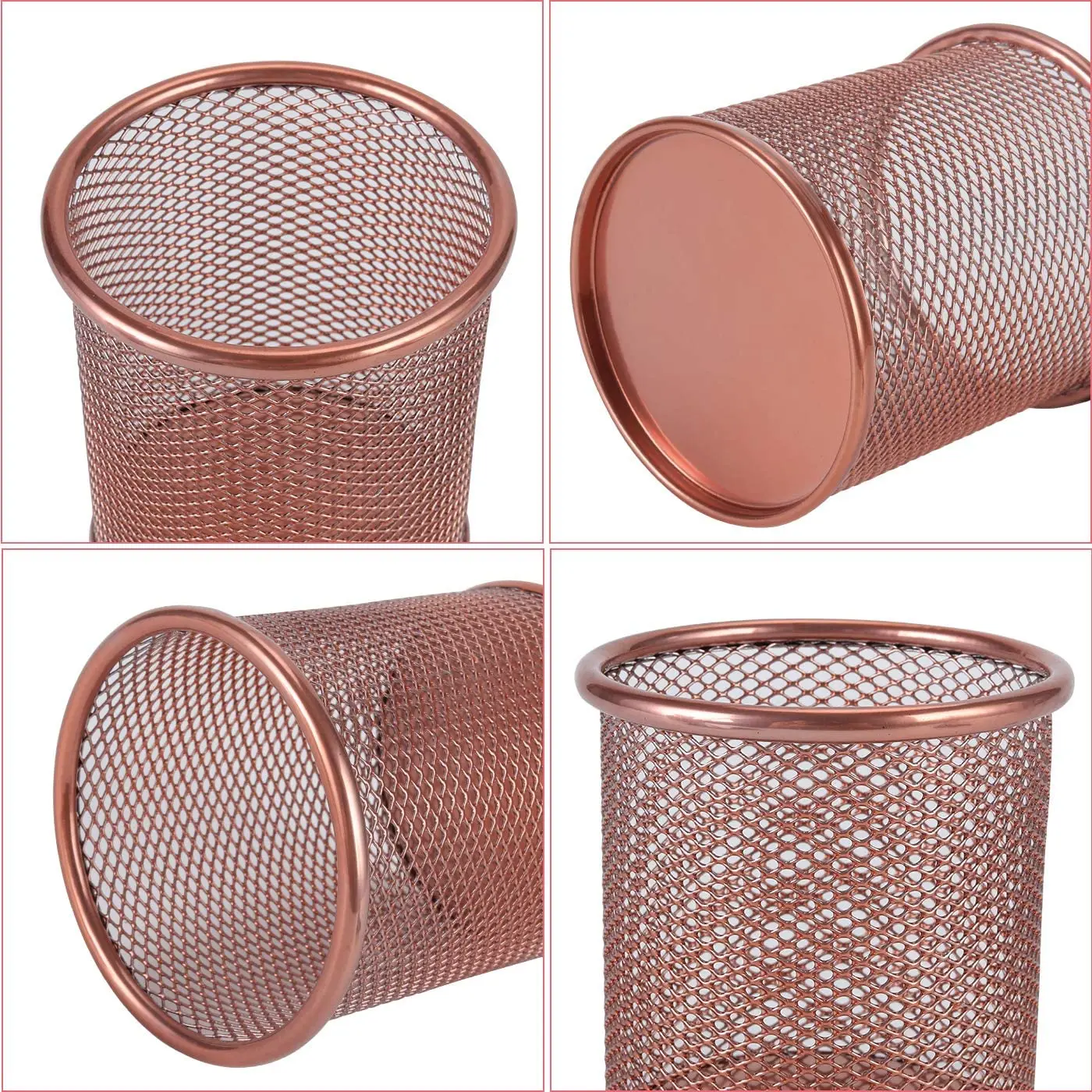 Elegant Set of 2 round Brass Pen Holders Rose Gold Metal Wire Pencil Organizer and Makeup Brush Holder for Desk