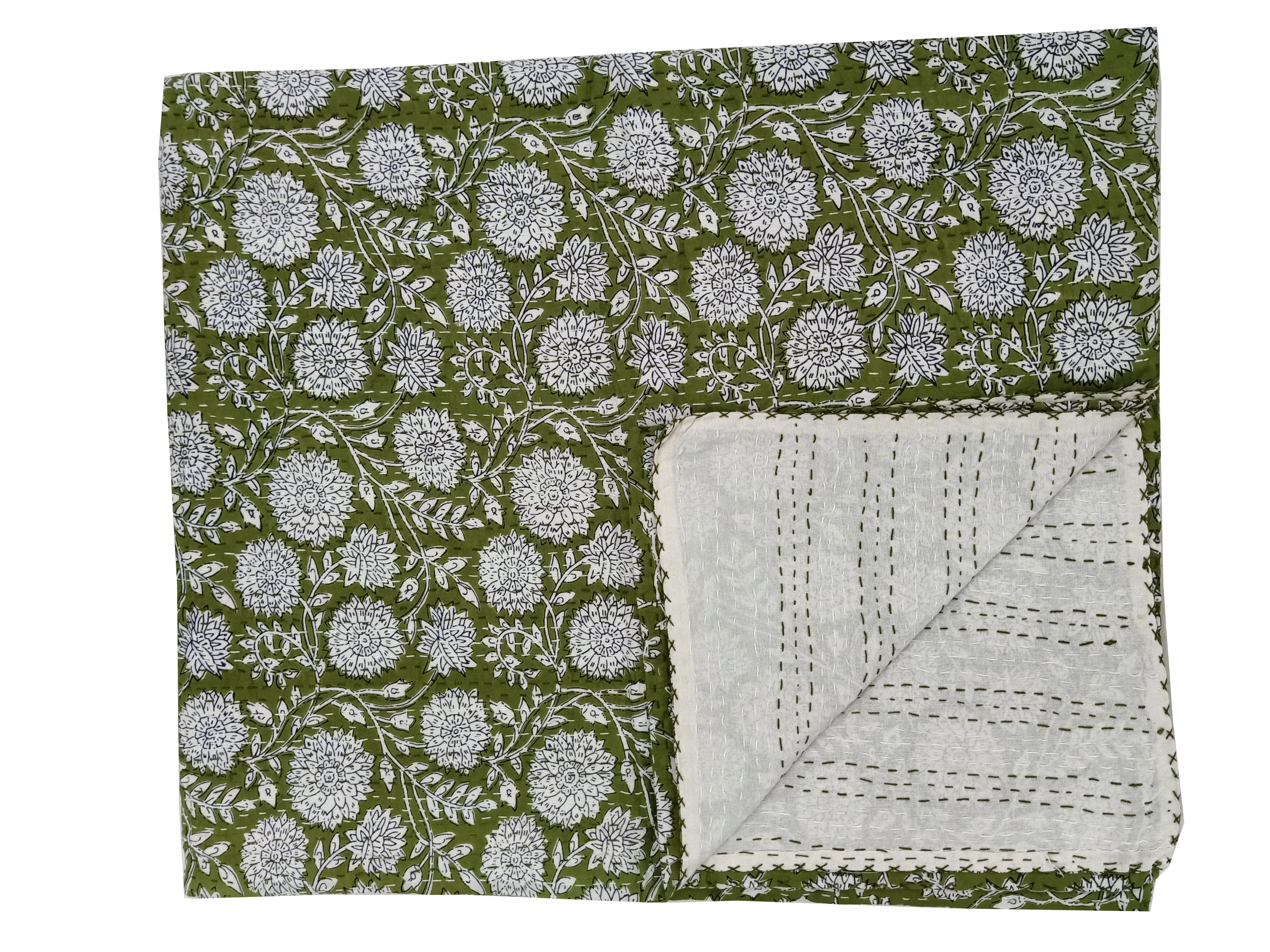 Ethnic Indian Floral Print 100% Cotton Comforter Custom Made Various Sizes Designs Green Color Print Sheets-King Size Home Use