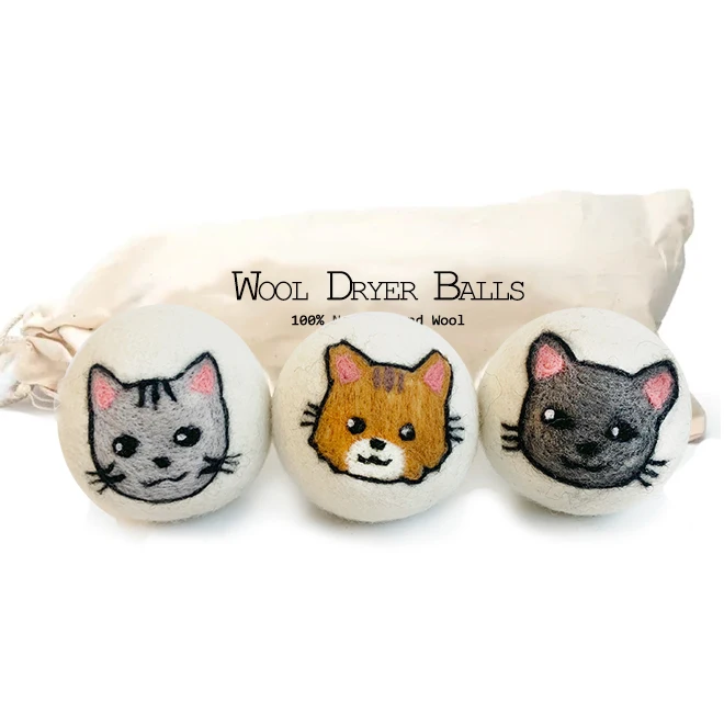 Wool Dryer Balls Organic Handcrafted Cat Face Design 3 Balls XL Laundry Balls for Pet Hair Remover