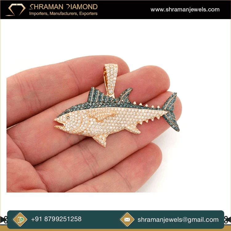 Leading Supplier of 4.4 CTS and 35 Grams 925 Silver Luxury Fashion Jewelry Custom Bluefin Tuna Moissanite Diamond Pendant