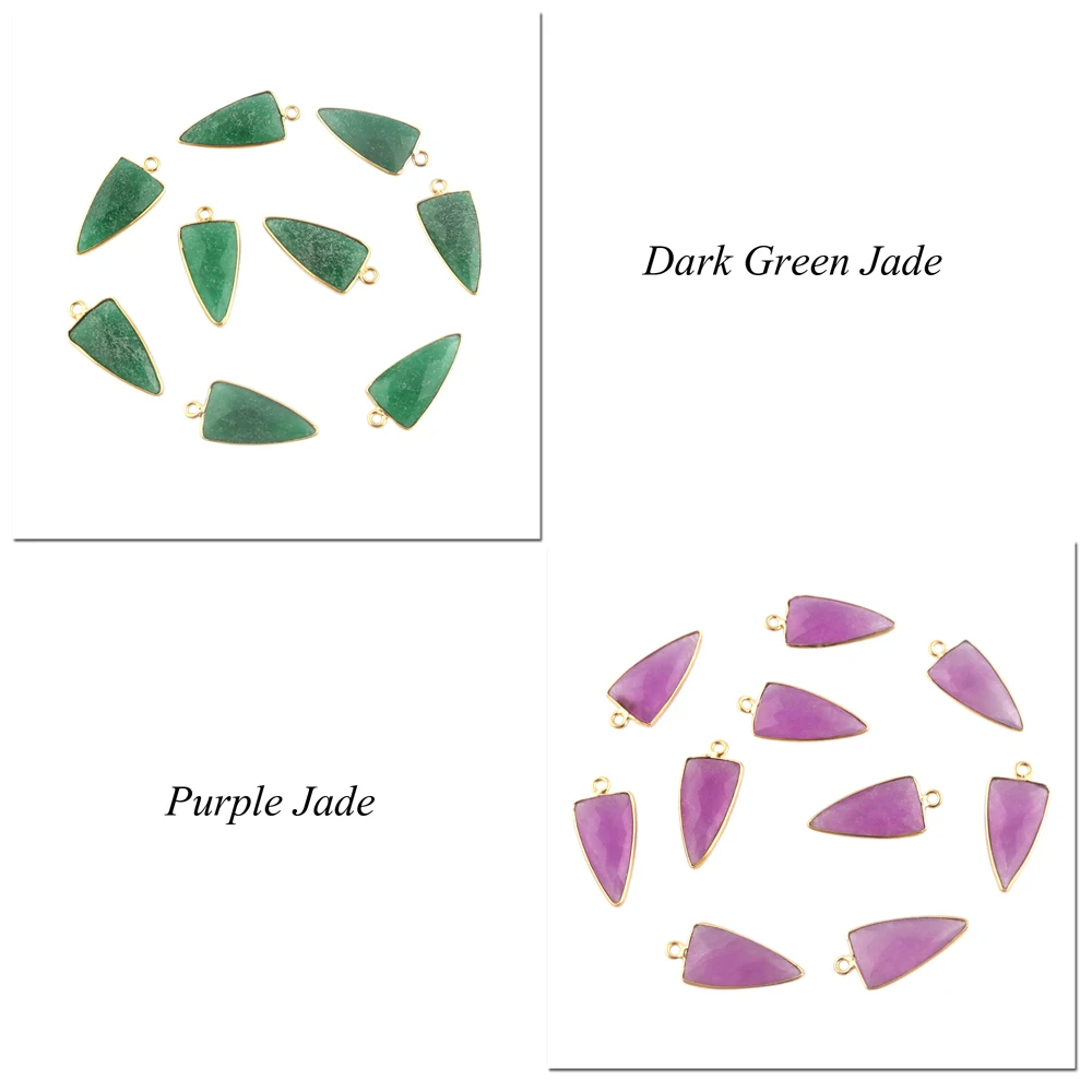 Premium quality charms dark green jade trillion shape diy connector 18k gold plated single bail bezel setting making connector