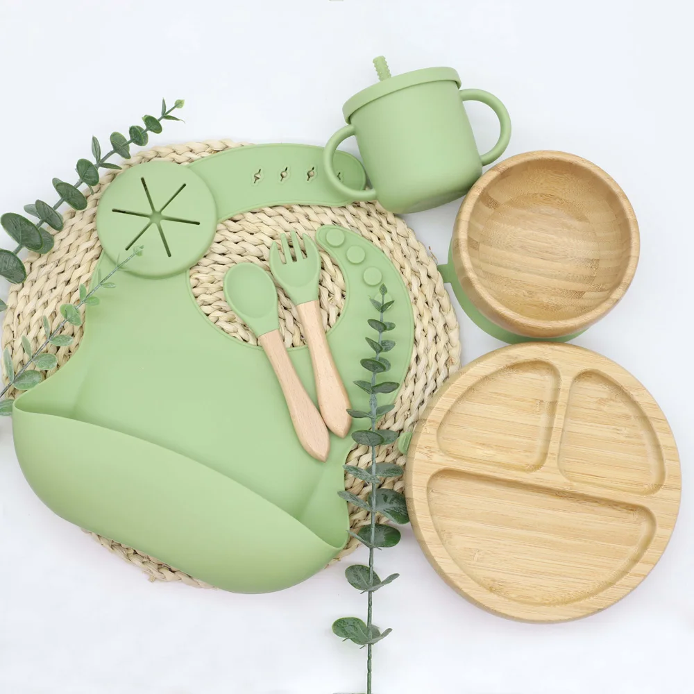 Custom Logo Dinner Plates Kids  High Quality Natural Bamboo Animal Baby Plate with suction baby feeding set
