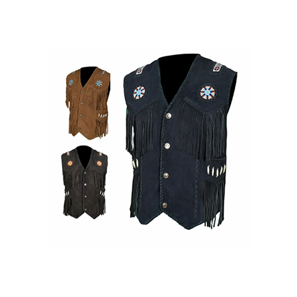 Men Cow Suede Leather Fringed & Beaded Hand Made Work American Style Indian Style Men Leather Vest