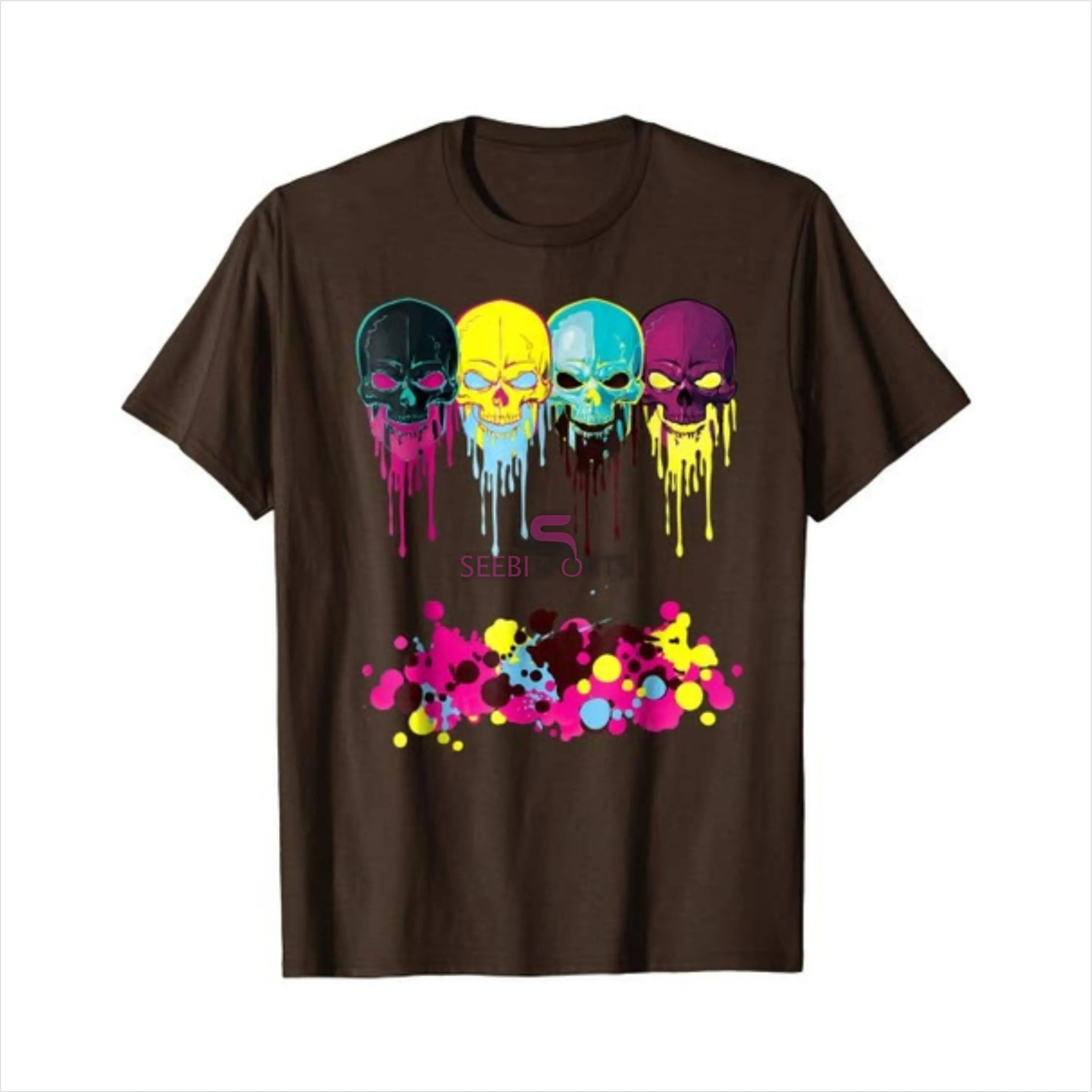 Paint Drip Neon Melting Evil Skull Face T-shirt Men Fashion Cotton Tee Shirt