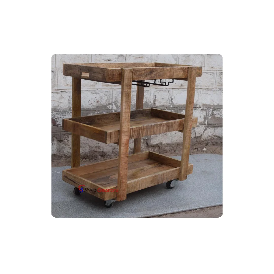 High Quality Modern Wooden Trolley Bar Cabinet With Wheels Mango Wood Furniture Indoor Modern Wood Furniture