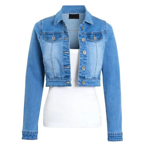Women Cropped Denim Jacket Ladies Jeans Cropped Jacket Blue Long Sleeve 2 Front Pockets Jeans Jackets