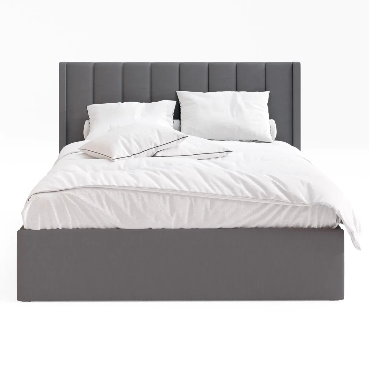 Gorgeous Charcoal Fabric Winged Bedhead with Deep Vertical Panels Gas Lift Storage Bed Queen King Bedroom Furniture