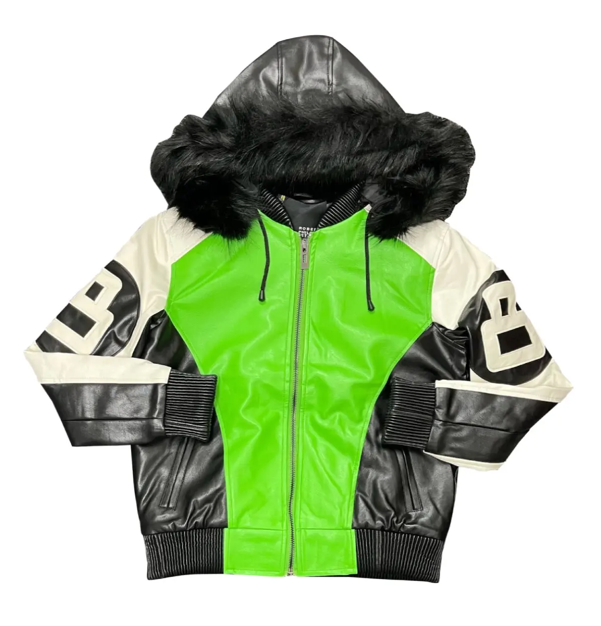 Green And Black And White 8 Ball Bomber Jacket With Fur Hooded Collar Zipper Closure Genuine Lamb Leather Bomber Jacket