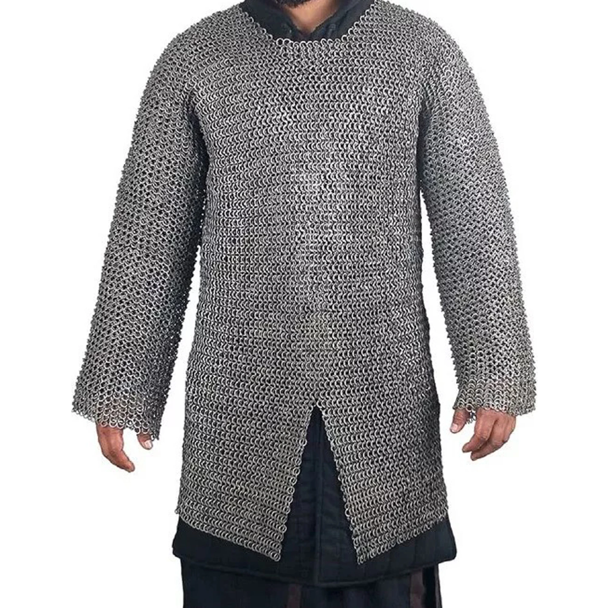 Medieval Chainmail Shirt Full Sleeves Long Length Hauberk Mild Steel 09 mm Flat Riveted Ring Armor Oiled Finish Handmade Costume