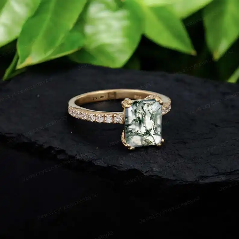 High Quality Natural Moss Agate Ring Emerald Gemstone 925 Sterling Silver Ring Brass And Gold Plated Customized Jewelry