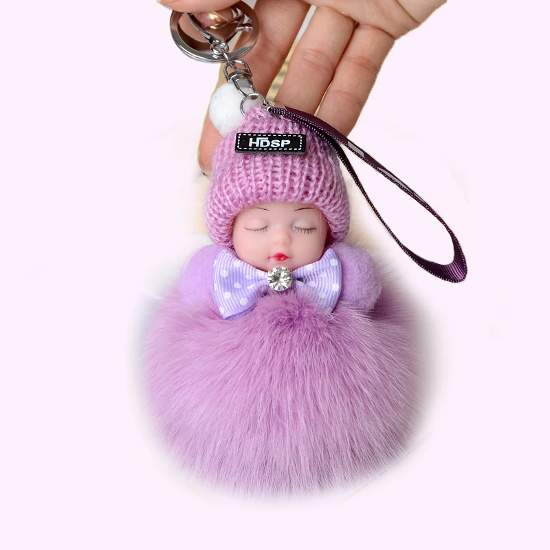 Sweet Cute Sleeping Baby Doll Keychain  Rabbit Fur Ball Key Chain Fluffy Car Key ring Bag Charm Gift Plush Fur Key chains