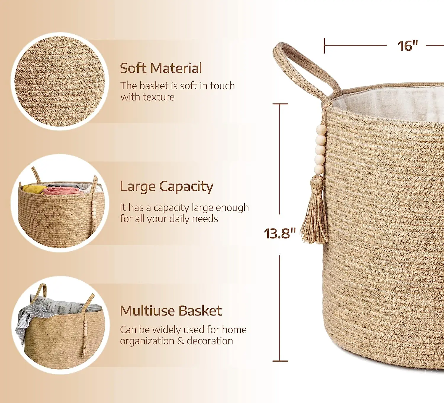 Natural Jute Rope Woven Storage Basket with Handles for Plant Living Room Home Decor Multifunctional Basket & Organizer 16 x 14