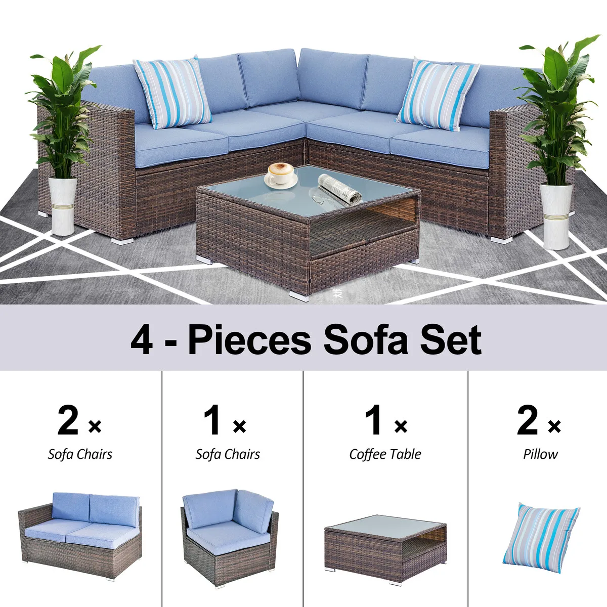 All-Weather Wicker Outdoor Furniture Warm Brown Patio Sectional Sofa with Thick Cushions Glass-Top Coffee Table Parks Courtyards
