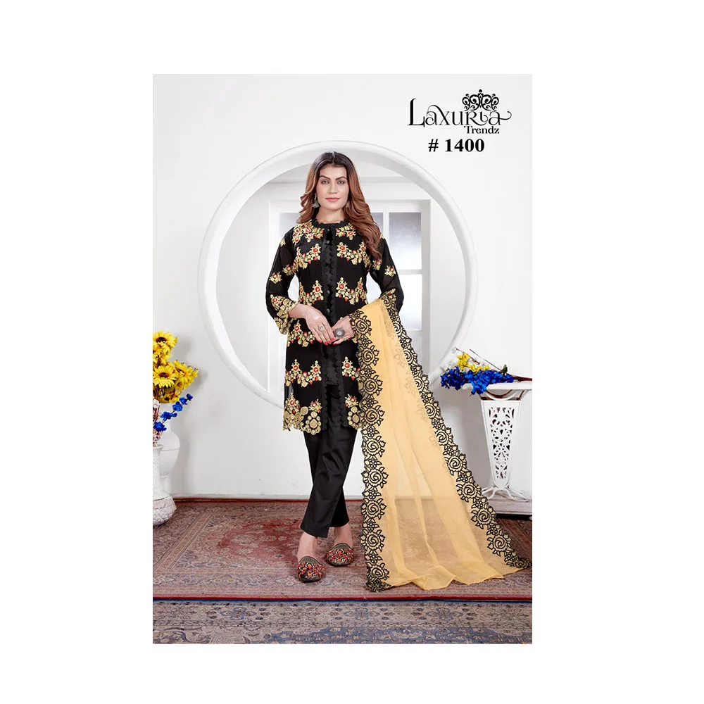 Modern Designer Indian Clothes-New Arrival Hand Work Kurti Pant Dupatta Georgette Embroidery Work Salwar Traditional Pakistani