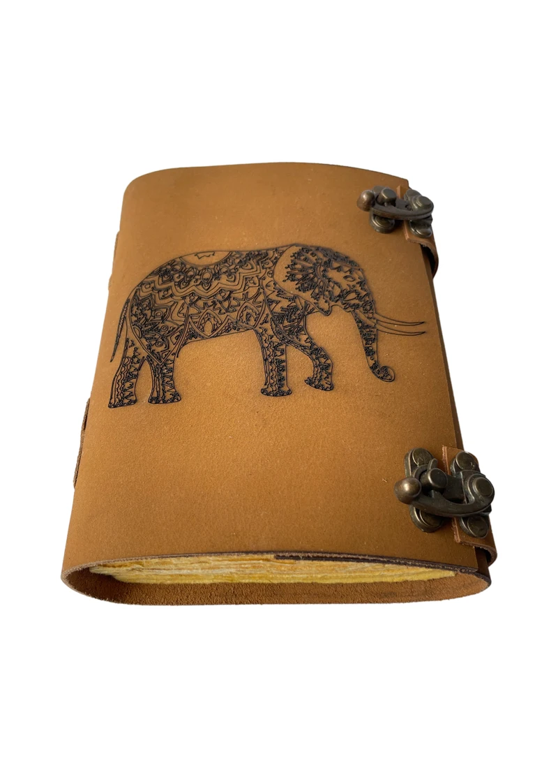 Elephant Design Laser Printed Genuine Leather Journal Softcover A5 Handcrafted Vintage Deckle Paper Diary with Two Brass C Locks